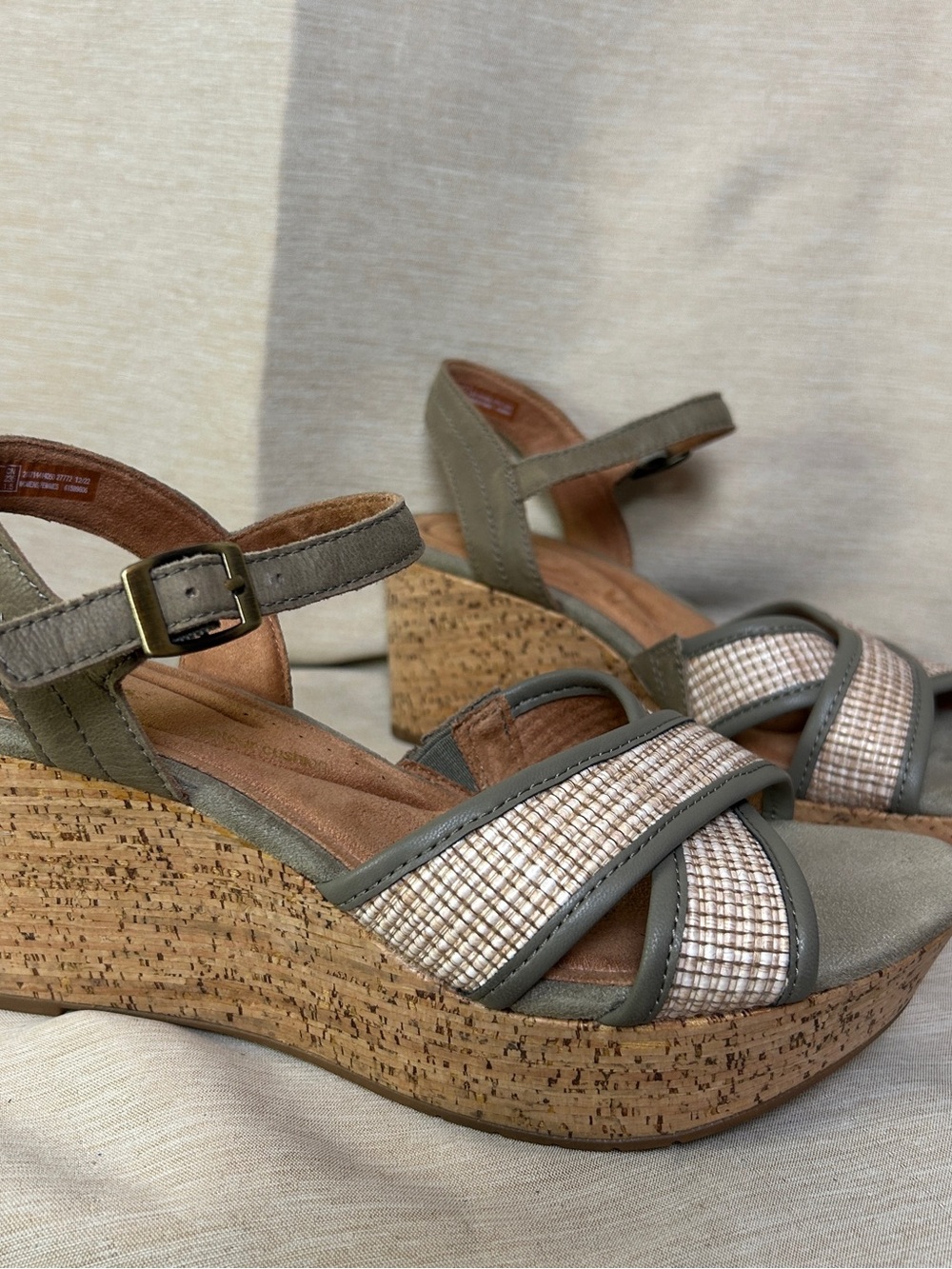 Clark’s Olive Green Cork Wedge Sandals with Textured Straps